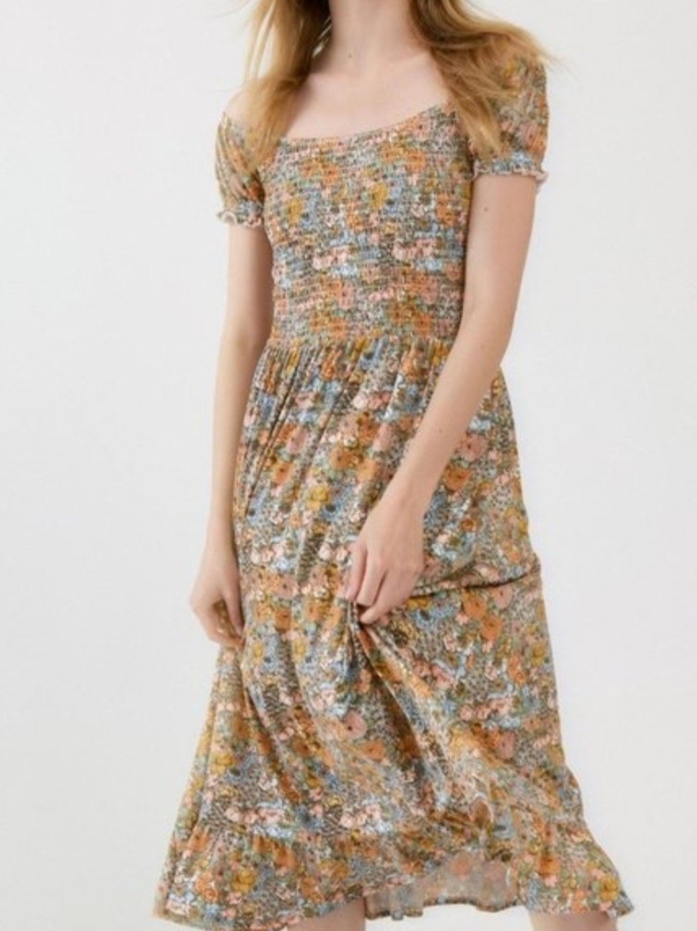 Beechers Brook Smocked Floral Midi Dress in Multi-Color Sz M Milkmaid Babydoll